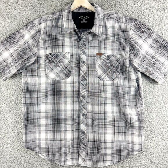 Orvis Camp Shirt Men Extra Large Gray White Plaid Outdoor Hunting Fishing Casual - Picture 1 of 14